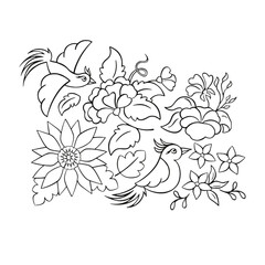 Spring coloring page with flowers and birds, hand drawn vector