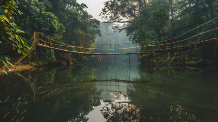 A rustic rope bridge over a calm reflective jungle river surrounded by towering ancient trees.