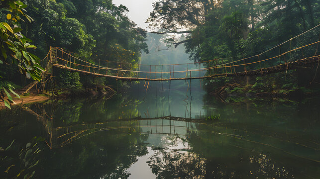 Fototapeta A rustic rope bridge over a calm reflective jungle river surrounded by towering ancient trees.