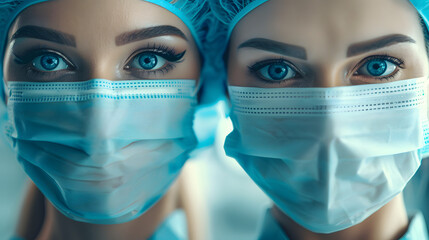 Detailed shot of a focused female surgeon in scrubs and surgical mask lowered 