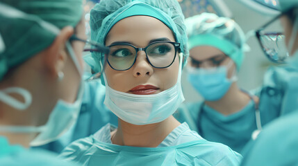 Detailed shot of a focused female surgeon in scrubs and surgical mask lowered 