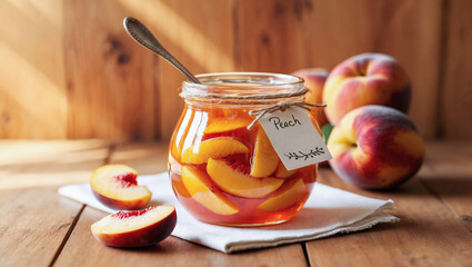 Peach jam in a jar.
