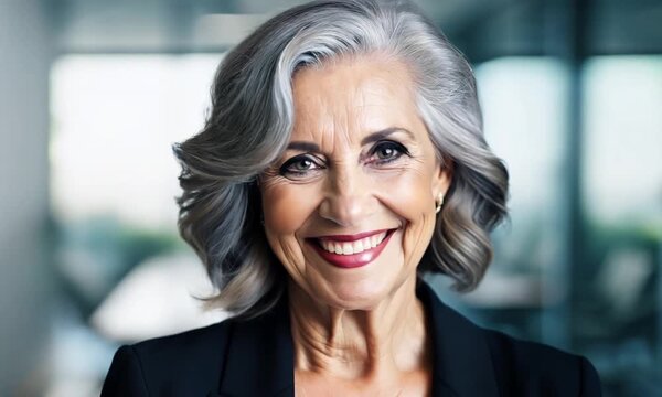 Old businesswoman 60 years old with short gray hair and in business suit looking at camera and smiling friendly while standing in modern bright office