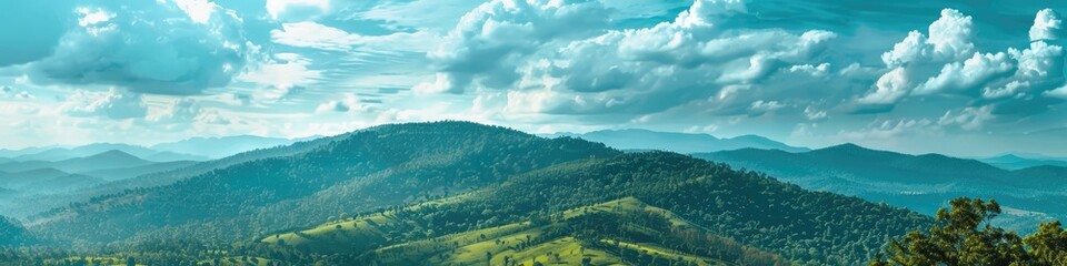 Fototapeta premium Beautiful green mountains and daytime sky with clouds over hill Gorgeous sky blue or azure view Scenic green tree forest on mountain Perfect for tourist travel and relaxation