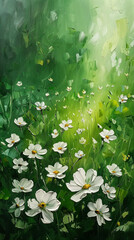 White flowers on green background in oil painting style.
