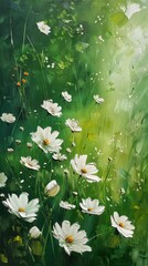 White flowers on green background in oil painting style.
