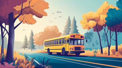Obraz premium Stylized vector illustration of a yellow school bus on the road in an autumn forest, with a flat design using colorful gradients and in the style of a retro poster