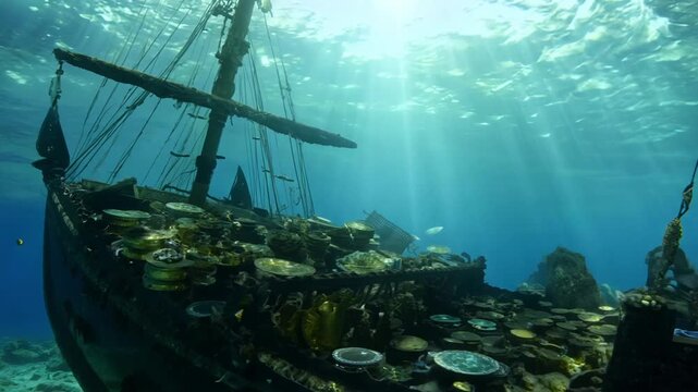 A shipwreck is shown in the ocean with a variety of fish swimming around it. Scene is one of exploration and discovery, as the viewer is able to see the remains of a ship that has long since sunk