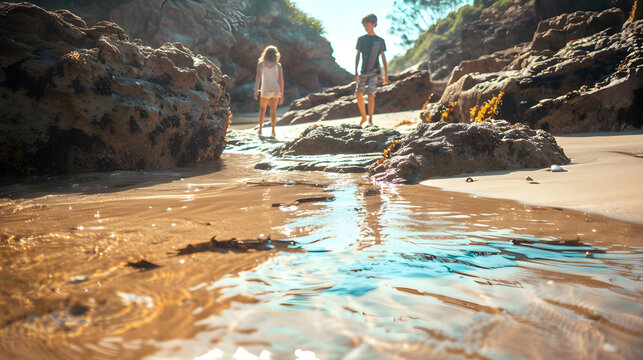 A sandy beach with a tidal pool kids exploring marine life within it.