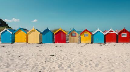 Naklejka premium A sandy beach with colorful beach huts lined up along the shore.