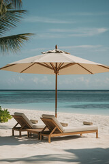 Sun loungers with umbrella on a tropical sandy beach with blue ocean view