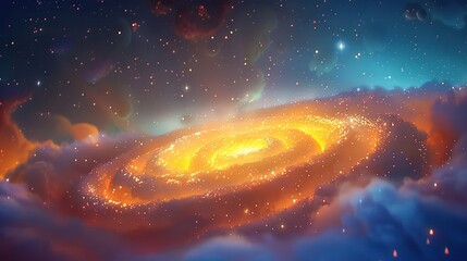   A spiral object in a starry midnight sky surrounded by clouds