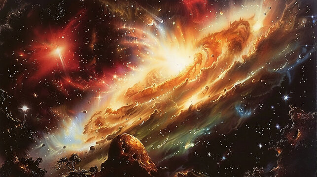  A space scene painting featuring a prominent central star