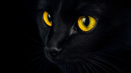 Macro Shot of a Black Cat with Bright Yellow Eyes