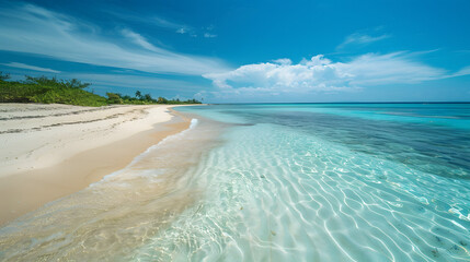 A secluded sandy beach with clear turquoise water and coral reefs.