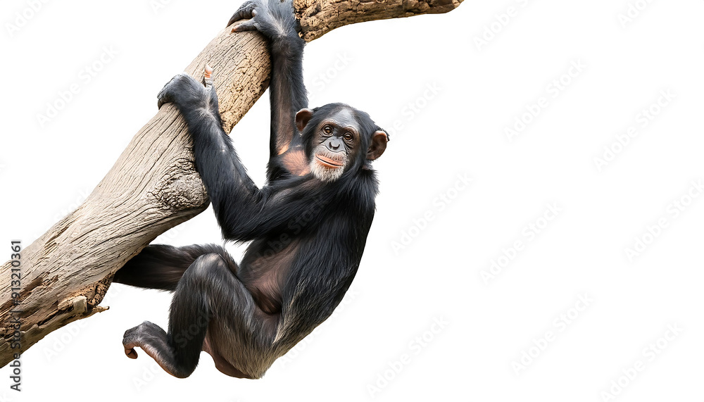 Wall mural a chimpanzee ape hanging on a tree branch – a chimpanzee hanging from a tree branch, isolat_1(10)