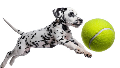  A Cute Dalmatian Dog Puppy Jumping to Catch a Tennis Ball – A cute Dalmatian puppy mid-jump_1(14)