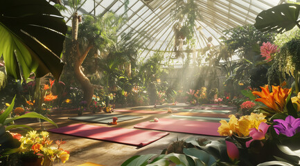yoga maps in a sunlit greenhouse filled with exotic plants and colorful flowers