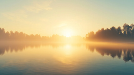 Fototapeta premium A serene lake at sunrise with mist rolling over the water