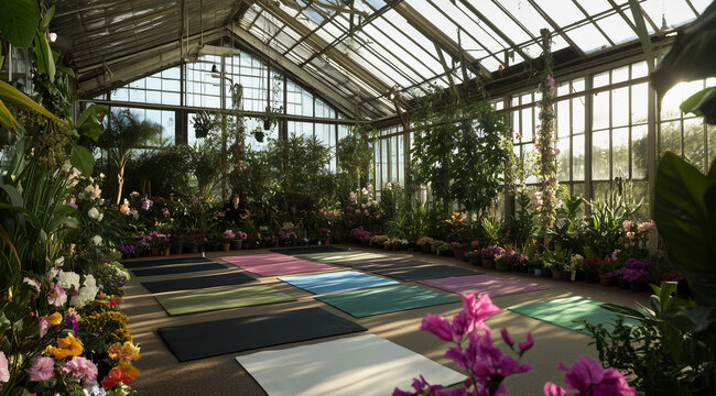 yoga maps in a sunlit greenhouse filled with exotic plants and colorful flowers - Powered by Adobe