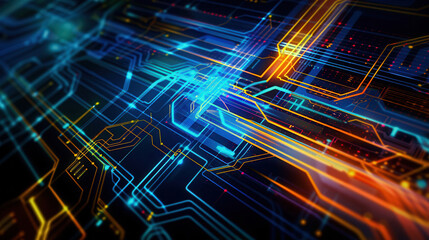 Vibrant abstract technology background featuring colorful circuit lines and illuminated patterns for digital designs.