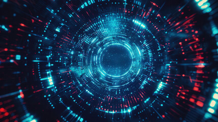 Futuristic digital tunnel with vibrant blue and red lights, creating a sense of depth and motion in a sci-fi environment.