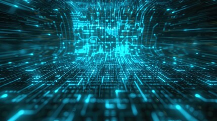 Futuristic digital landscape with glowing blue lights and intricate patterns, representing technology and data flow.