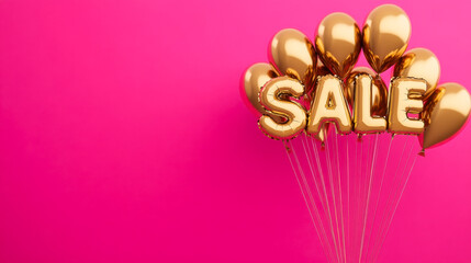 Fototapeta premium Metallic Gold Balloons Forming The Word Sale Against A Vibrant Pink Background