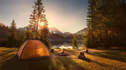 A picturesque camping site in nature with tents and campfire