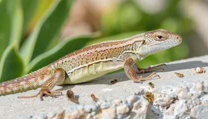 Naklejka premium Lizard walking on a ledge and hunting insects