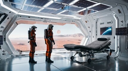 Two Astronauts Observing Space Through Window in Space Station