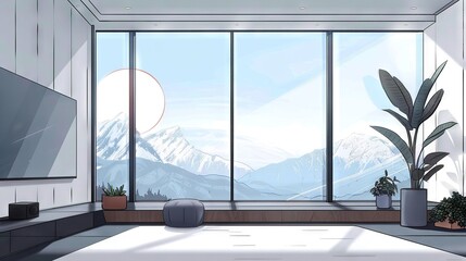 Fototapeta premium Living room with furniture, flat-screen TV on hardwood floor by window