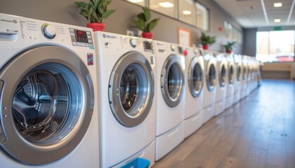 Row of new washing machines standing in a appliances store