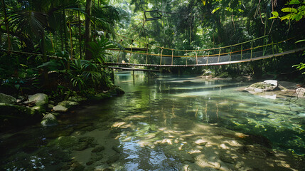 A serene rope bridge over a crystal-clear jungle stream surrounded by dense vegetation.