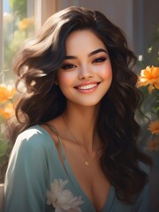 Naklejka premium illustration showcasing the natural beauty of a woman with a radiant smile painting. Generative AI 