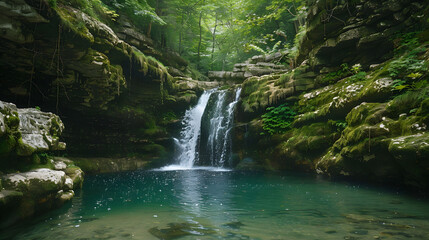 A serene waterfall in a hidden grotto with moss-covered rocks and crystal-clear water.