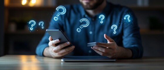 Hands on Mobile Phone and Laptop with Floating Digital Question Marks