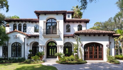 Fototapeta premium Large white stucco home showing mediterranean architecture style with tile roof