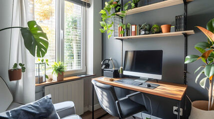 A small home office corner with a compact desk and shelves.