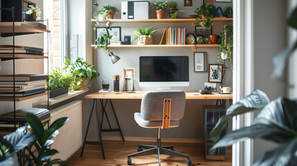 A small home office corner with a compact desk and shelves.
