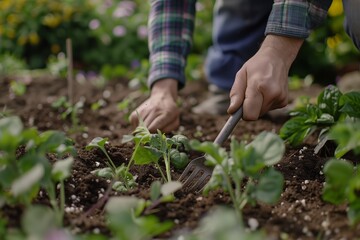 Fototapeta premium Gardener Cultivating Fresh Vegetables in a Vibrant Home Garden During Spring Afternoon