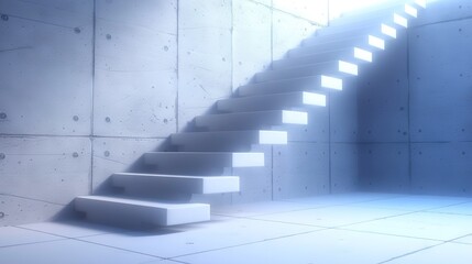 Fototapeta premium Concrete wall with light at end; white stairs lead up
