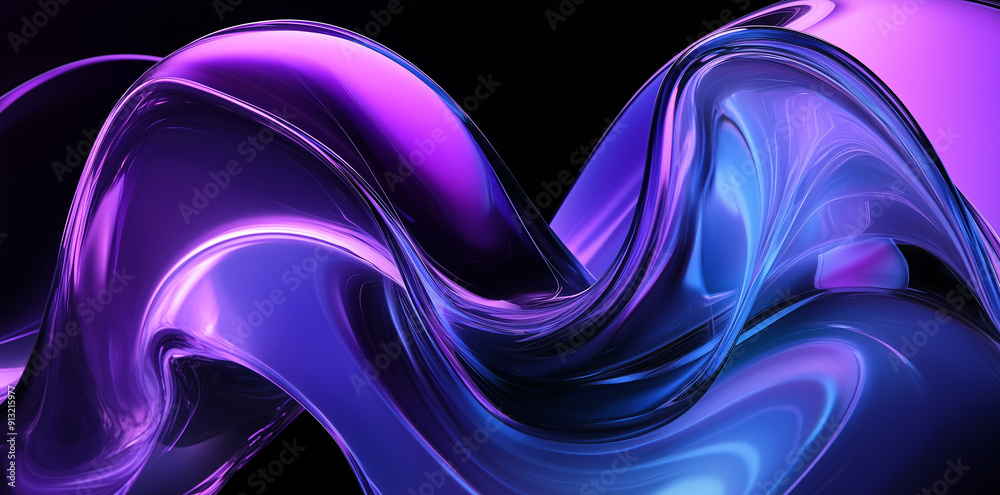 Poster curved fluid shape with purple and blue gradient on dark background. abstract digital 3d art.