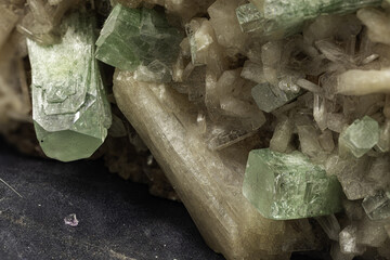 This close-up image captures the unique textures and colors of apophyllite and stilbite crystals, emphasizing their geological significance