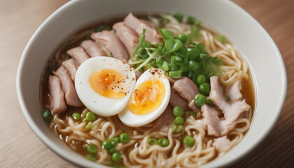A hearty bowl of ramen noodles in a rich broth, featuring sliced pork, a soft-boiled egg, green peas, and chopped green onions, perfect for illustrating Asian cuisine.