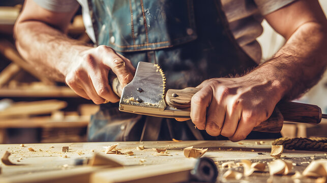 Intimate portrait of a skilled female carpenter in workwear and holding a handplane 