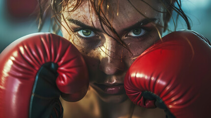 Intimate shot of a determined female boxer wearing gloves and ready to spar 