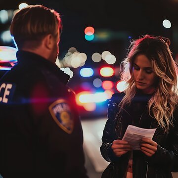 Young woman receives a challan from police officer 
