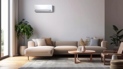 A stylish and modern living room features a wall-mounted air conditioner, comfortable sofa, and decorative elements for a cozy ambiance. Generative AI
