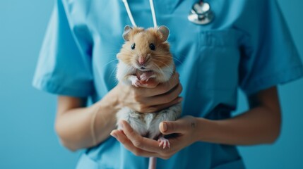 Close up of vet holding hamster in light blue clinic, pet care and treatment concept banner